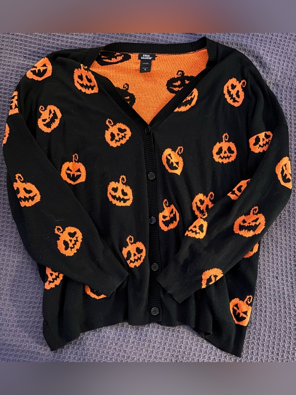 Social Collision Spooky Black and Orange Halloween Pumpkin Plus Cardigan Sweater